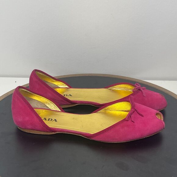 Prada Peep Toe Ballet Flats Women US 7.5 Pink Suede Bow Made in Italy 37.5 - Picture 1 of 11